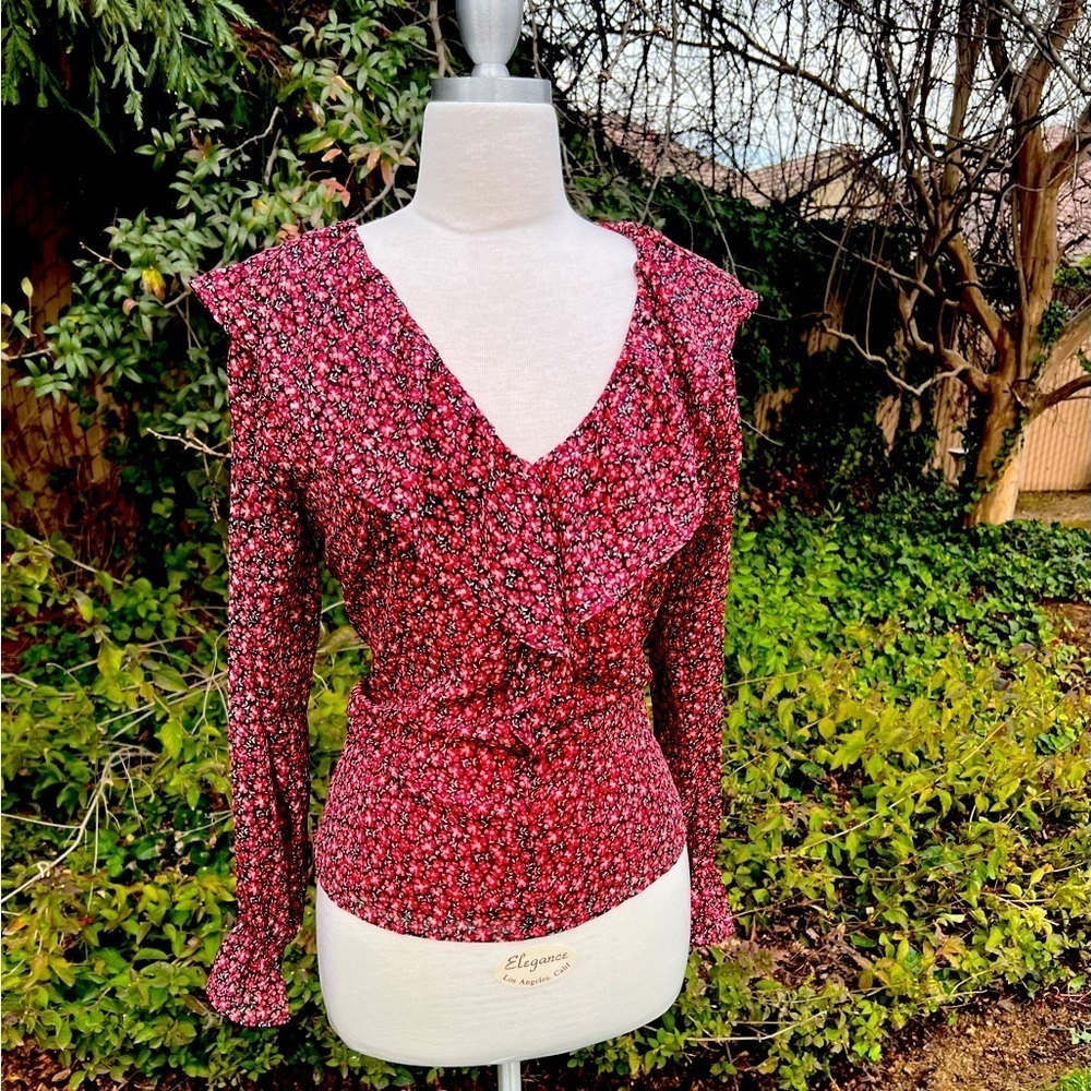 NWT - LOFT - Floral Ruffle V-Neck Blouse - Red - Picture 6 of 7